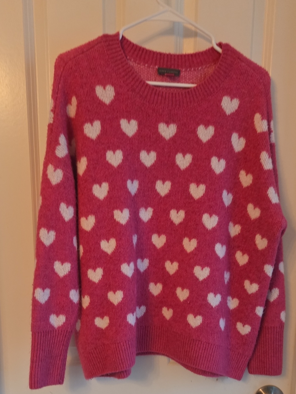 Vince Camuto Pink Heart-Print Crewneck Sweater